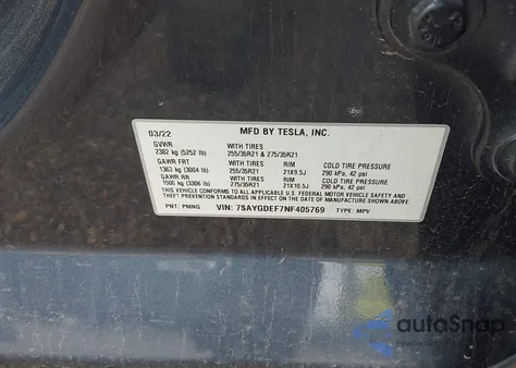 2022 Tesla Model Y Performance Dual Motor All-Wheel Drive z USA, uszkodzony, nr VIN 7SAYGDEF7NF405769